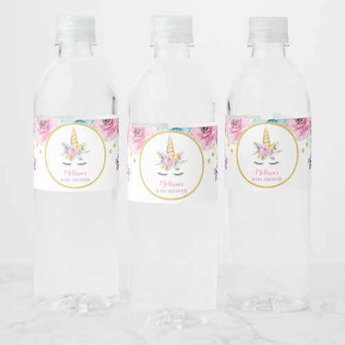 Watercolor Floral Unicorn Baby Shower Water Bottle Label