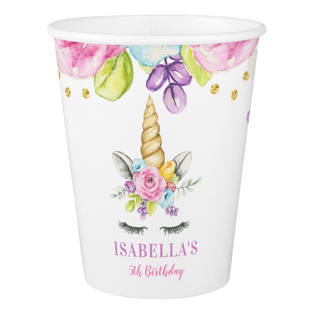 Watercolor Floral Unicorn Birthday Paper Cup (Front)