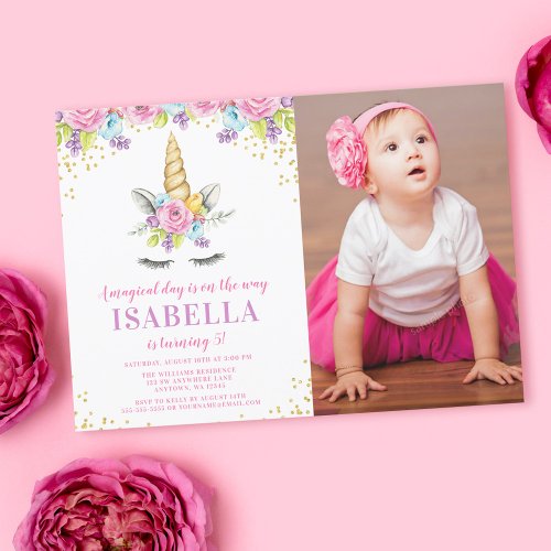 Watercolor Floral Unicorn Birthday Photo Invites