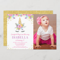 Watercolor Floral Unicorn Birthday Photo Invites