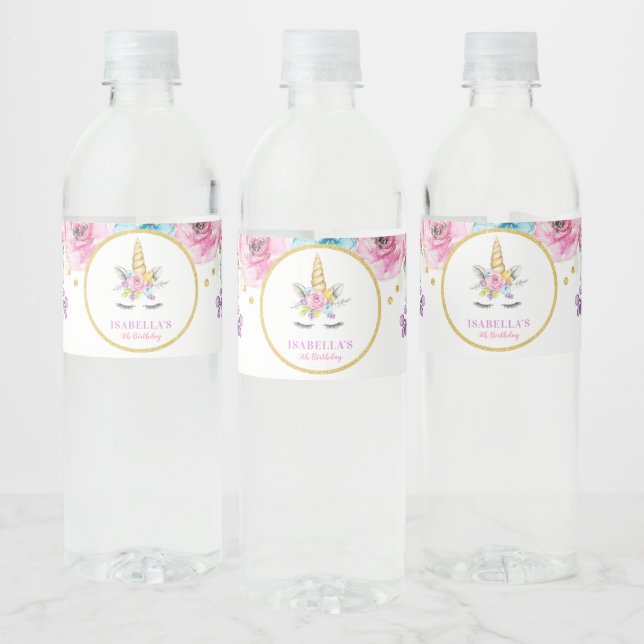 Watercolor Floral Unicorn Birthday Water Bottle Label (Bottles)