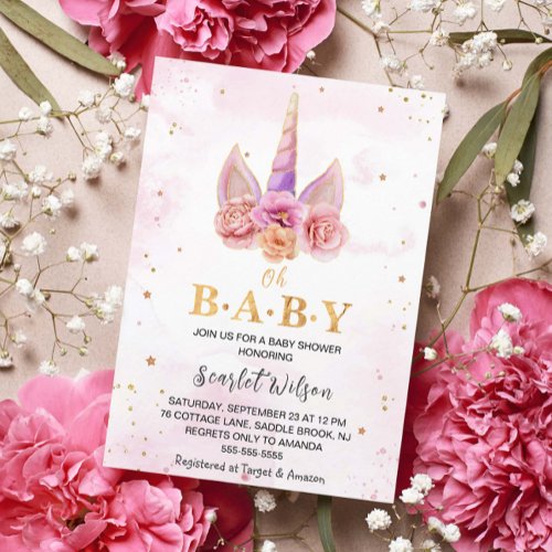 Watercolor Floral Unicorn Horn Baby Shower Invitat Invitation