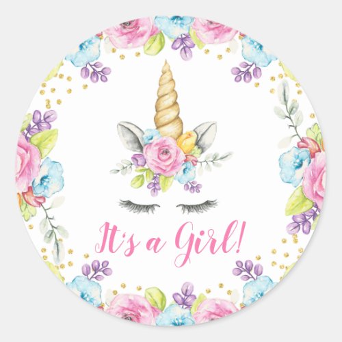 Watercolor Floral Unicorn Its a Girl Baby Shower Classic Round Sticker