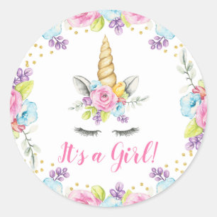 Watercolor Floral Unicorn It's a Girl Baby Shower Classic Round Sticker