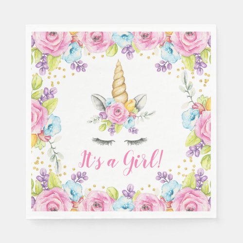 Watercolor Floral Unicorn Its a Girl Baby Shower Paper Napkins