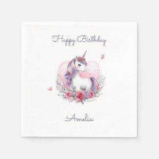 Watercolor Floral Unicorn Magical Birthday Party Napkins