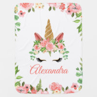 Watercolor Floral Unicorn Personalized Baby Blanket