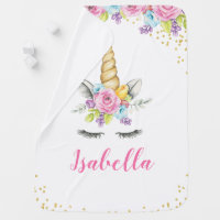 Watercolor Floral Unicorn Personalized Baby Blanket