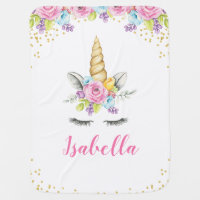 Watercolor Floral Unicorn Personalized Baby Blanket