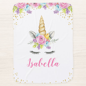 Watercolor Floral Unicorn Personalized Baby Blanket