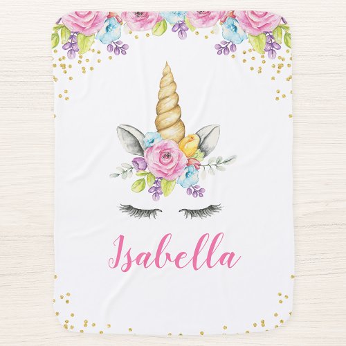 Watercolor Floral Unicorn Personalized Baby Blanket