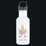 Watercolor Floral Unicorn Personalized Girl Stainless Steel Water Bottle<br><div class="desc">Custom unicorn water bottle for a girl. This cute design features watercolor pink,  purple and blue flowers and a unicorn face.</div>