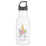 Watercolor Floral Unicorn Personalized Girl Stainless Steel Water Bottle