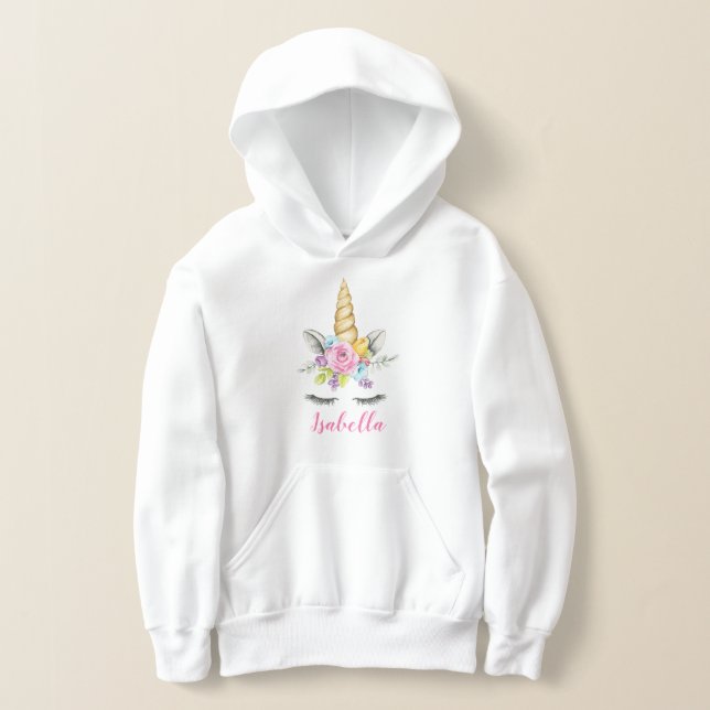 Watercolor Floral Unicorn Personalized Hoodie (Laydown)