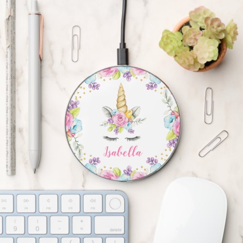 Watercolor Floral Unicorn Personalized Name Wireless Charger
