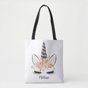Watercolor Floral Unicorn Personalized Tote Bag