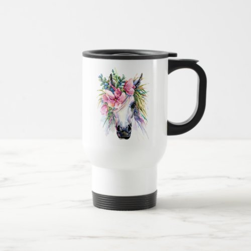 Watercolor Floral Unicorn Travel Mug