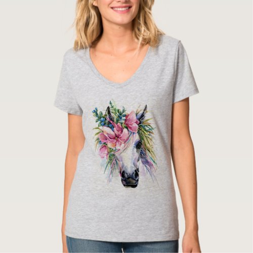 Watercolor Floral Unicorn V_Neck T_Shirt