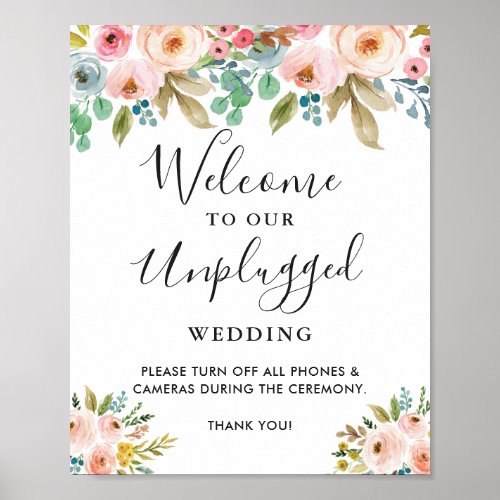 Watercolor Floral Unplugged Wedding Ceremony Sign