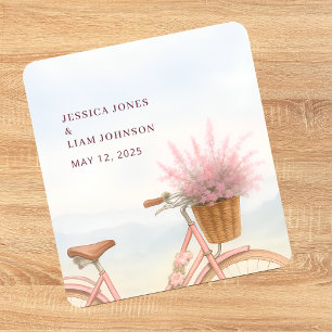 Watercolor Floral Vintage Bicycle Engagement Party Square Paper Coaster