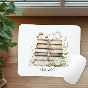 Watercolor Floral Vintage Books Feminine Mouse Pad