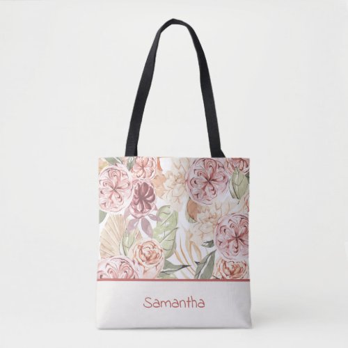 Watercolor Floral Vintage Ivory  Blush Your Name Tote Bag