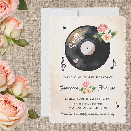 Watercolor Floral Vinyl Record Wedding Invitation