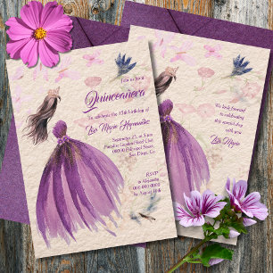 Watercolor Floral Violet Tones Quinceañera Invitation