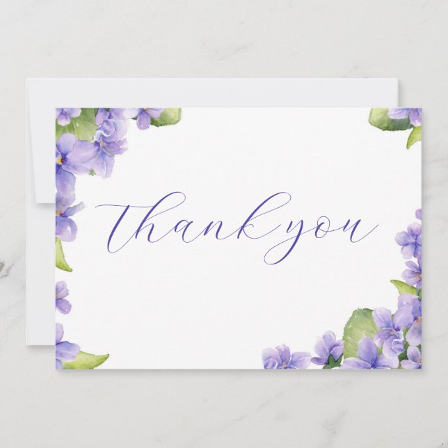 Watercolor Floral Violets Wedding Thank You Card (Front)