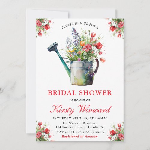 Watercolor Floral Watering Can Bridal Shower Invitation