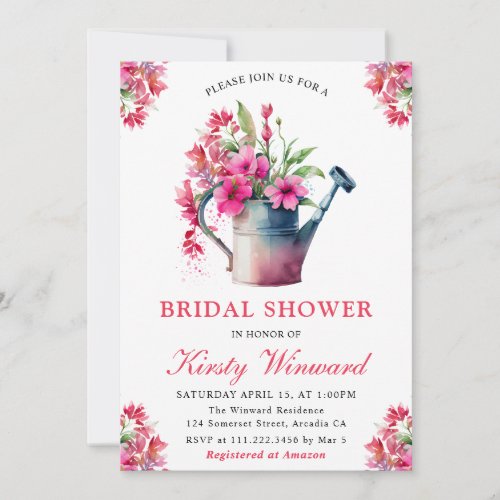 Watercolor Floral Watering Can Bridal Shower Invitation