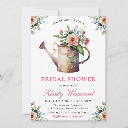 Watercolor Floral Watering Can Bridal Shower Invitation