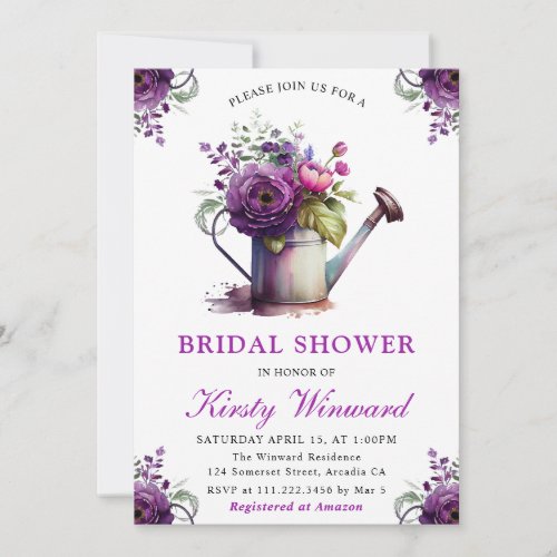 Watercolor Floral Watering Can Bridal Shower Invitation