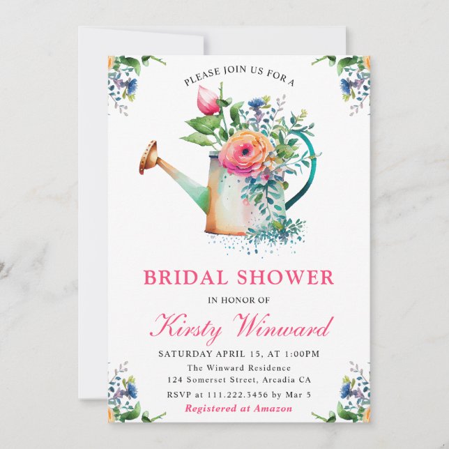 Watercolor Floral Watering Can Bridal Shower Invitation (Front)