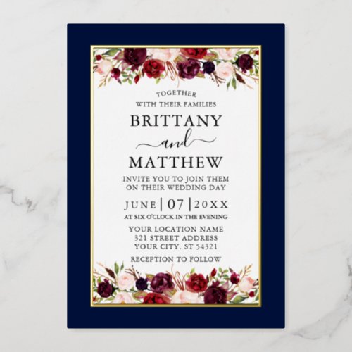 Watercolor Floral Wedding Blue Elegant Gold Foil Invitation