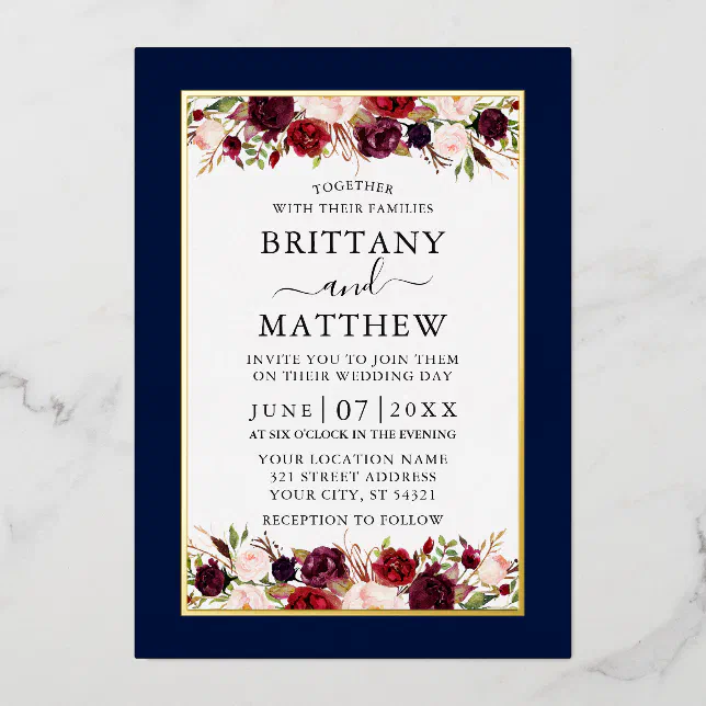 Watercolor Floral Wedding Blue Elegant Gold Foil Invitation | Zazzle