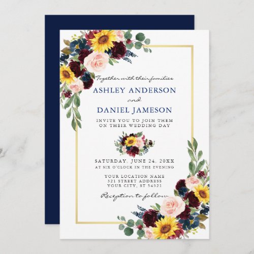 Watercolor Floral Wedding Blue Gold Frame Invitation