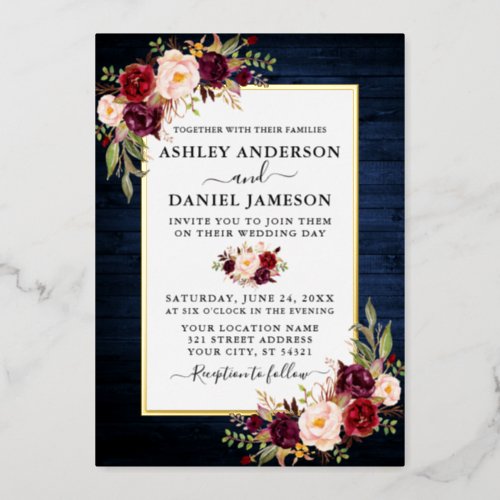 Watercolor Floral Wedding Blue Wood Gold Foil Invitation