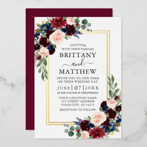 Watercolor Floral Wedding Burgundy 2 Frame Gold Foil Invitation