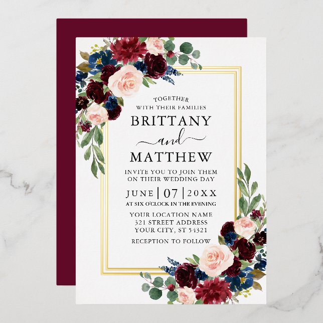 Watercolor Floral Wedding Burgundy 2 Frame Gold Foil Invitation (Front/Back)