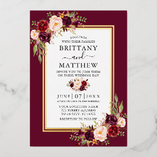 Watercolor Floral Wedding Burgundy 2 Frame Gold Foil Invitation