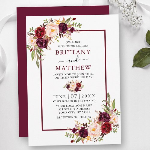 Watercolor Floral Wedding Burgundy Frame Invitation