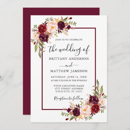 Watercolor Floral Wedding Burgundy Frame Invitation