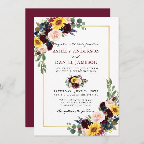 Watercolor Floral Wedding Burgundy Gold Frame Invitation