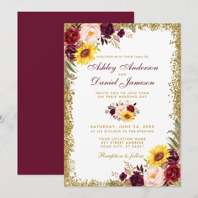 Watercolor Floral Wedding Burgundy Gold Glitter Invitation (Front/Back)