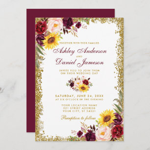 Watercolor Floral Wedding Burgundy Gold Glitter Invitation