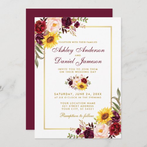 Watercolor Floral Wedding Burgundy Gold Invitation