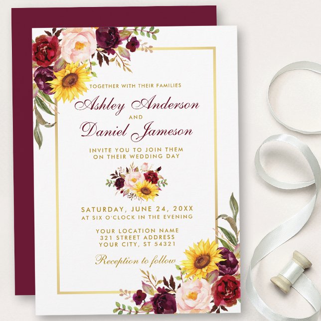 Watercolor Floral Wedding Burgundy Gold Invitation (Customize to change text color, style, add text & photos to back or change color of back of card.)