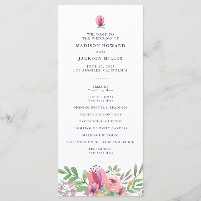 Watercolor Floral Wedding Ceremony Program (Front)