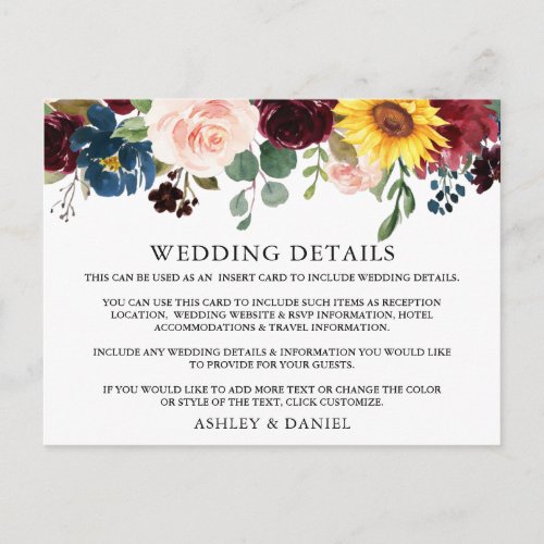 Watercolor Floral Wedding Details Insert Card